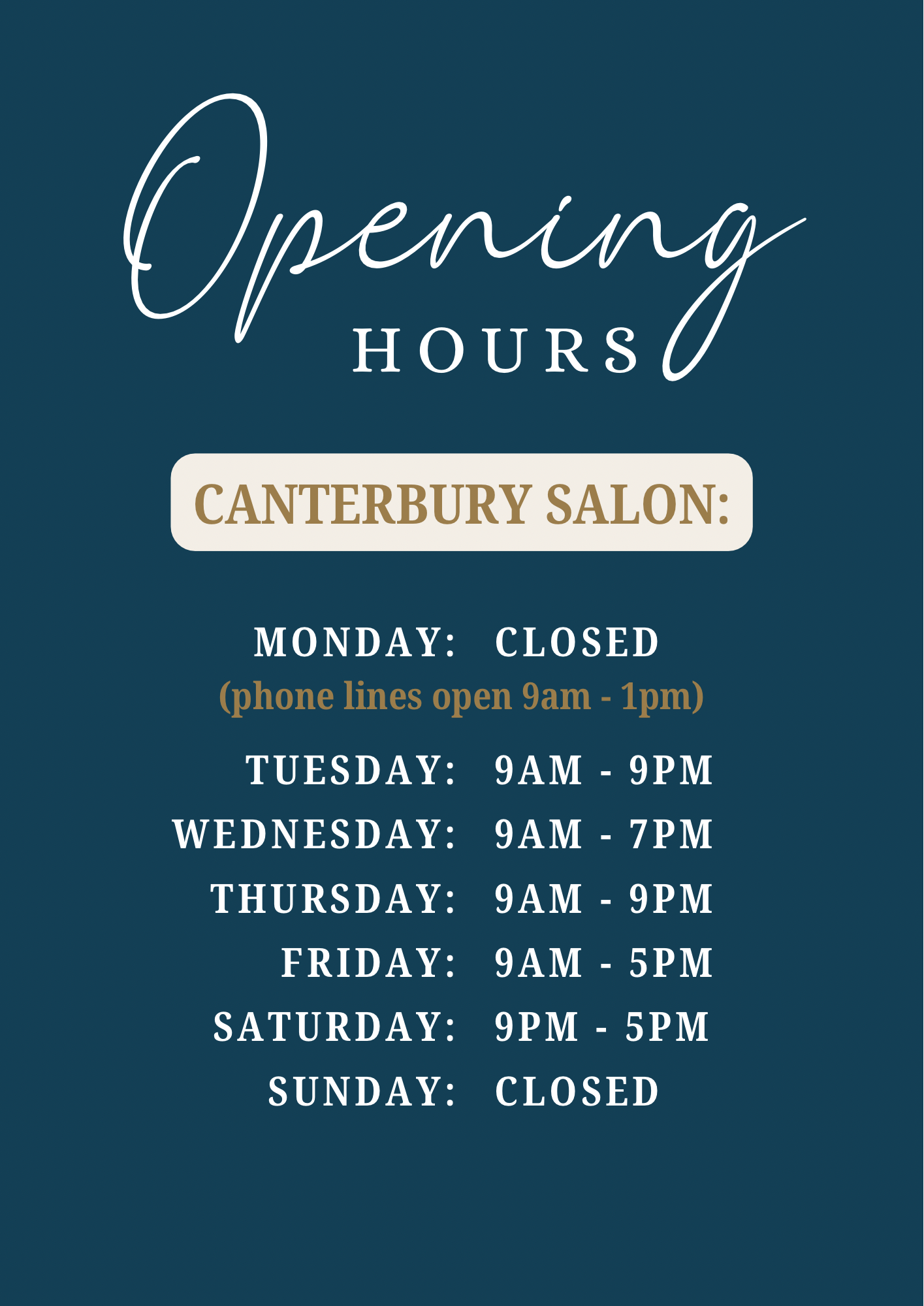 Opening Hours Canterbury Salon